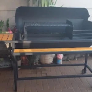 Kwik Braai SA wagon braai stand with wooden side shelf and wheels
